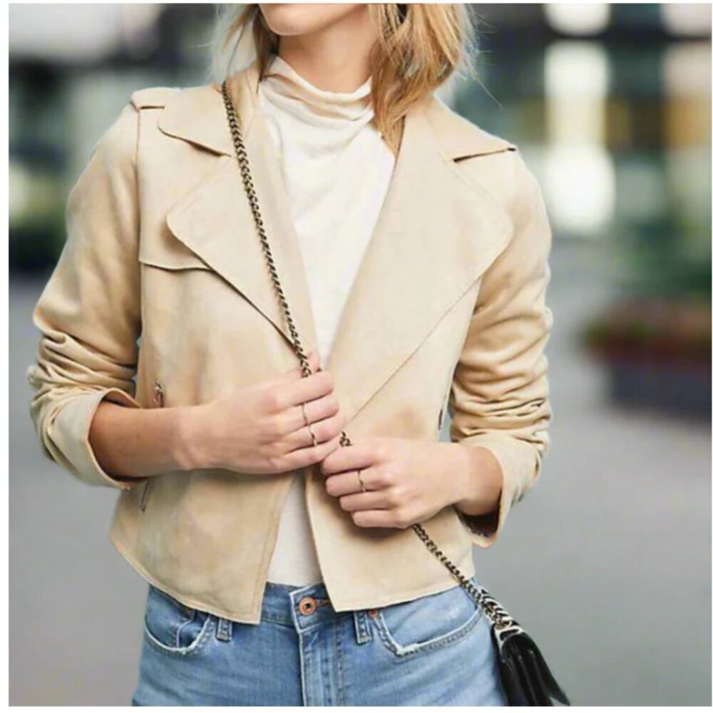 Anthropologie Moto Crop Micro-Suede Jacket Womens XL Beige Open Front Pockets